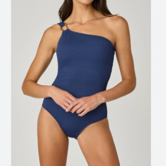 Shoshanna Ring One Shoulder Textured Navy Blue Geo One Piece Swimsuit Size 10 - Picture 1 of 8